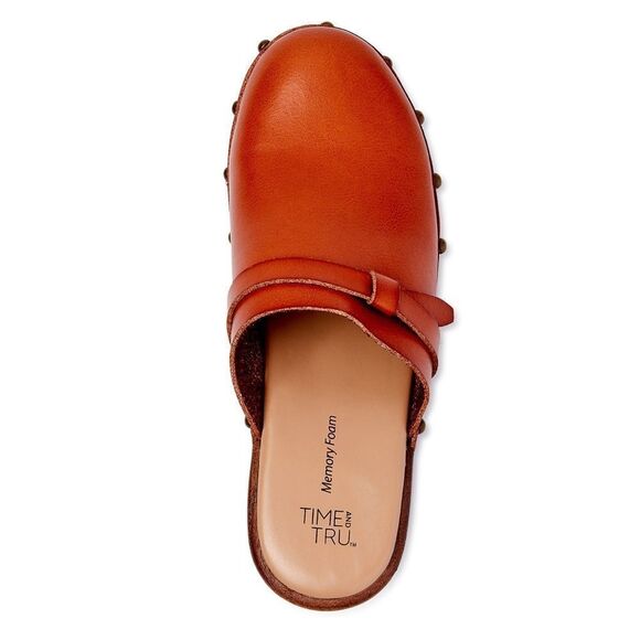 TimeĀ and Tru Women's Studded Wooden Bow Memory FoamāBrown Clogs - Picture 4 of 14